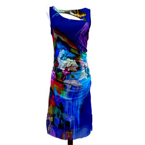 Elana Kattan Vintage 90s Bodycon Artsy Cutout Ruched Blue Shift Dress S